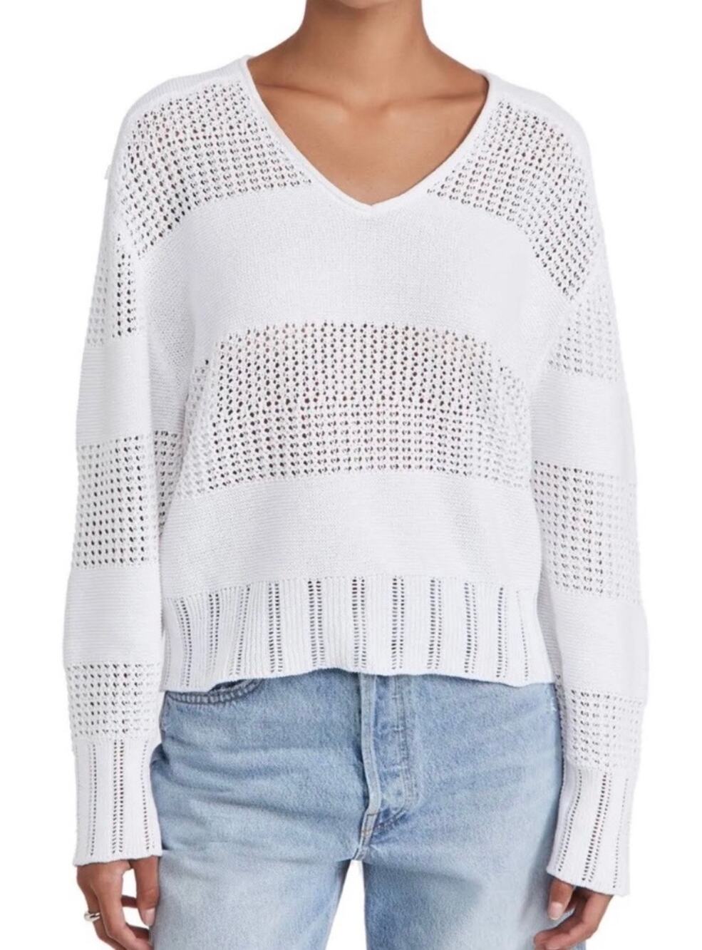 Rag & Bone - Faye Stripe V-neck Sweater / White / Small